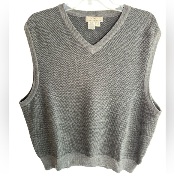 Vintage Eddie Bauer 100% Merino Wool Gray Herringbone Sweater Vest Mens Large - Picture 3 of 8